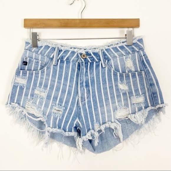 KANCAN Hi Rise Striped Jean Shorts Destroyed Fringe Raw Hem Distressed Small - Picture 3 of 10